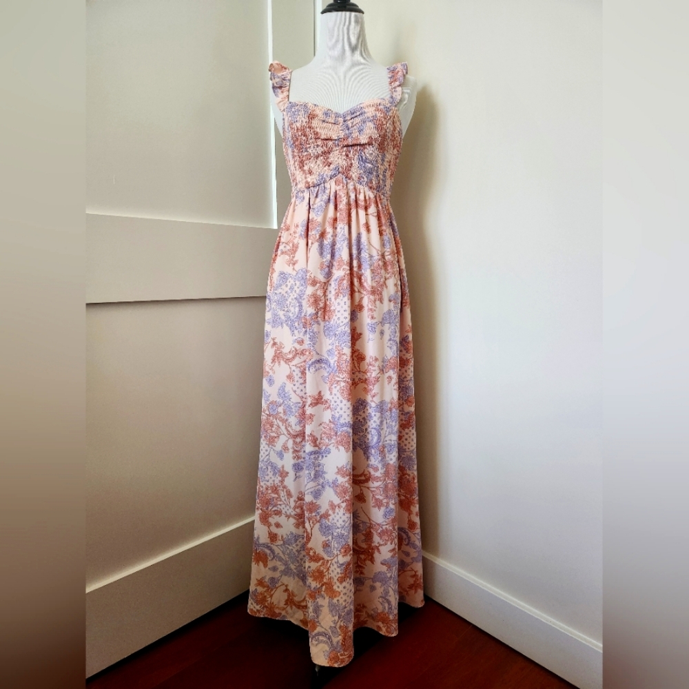 NWOT mittoshop Pink/purple floral maxi dress w/ ruffled straps, ruched bodice S